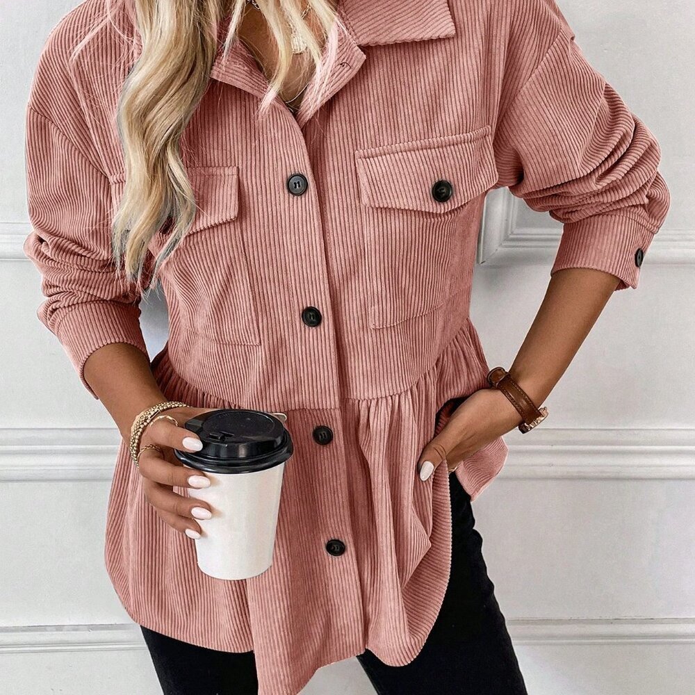 Baby Pink Casual Women's Front Button Ruffled Hem Jacket - Picture 7 of 7